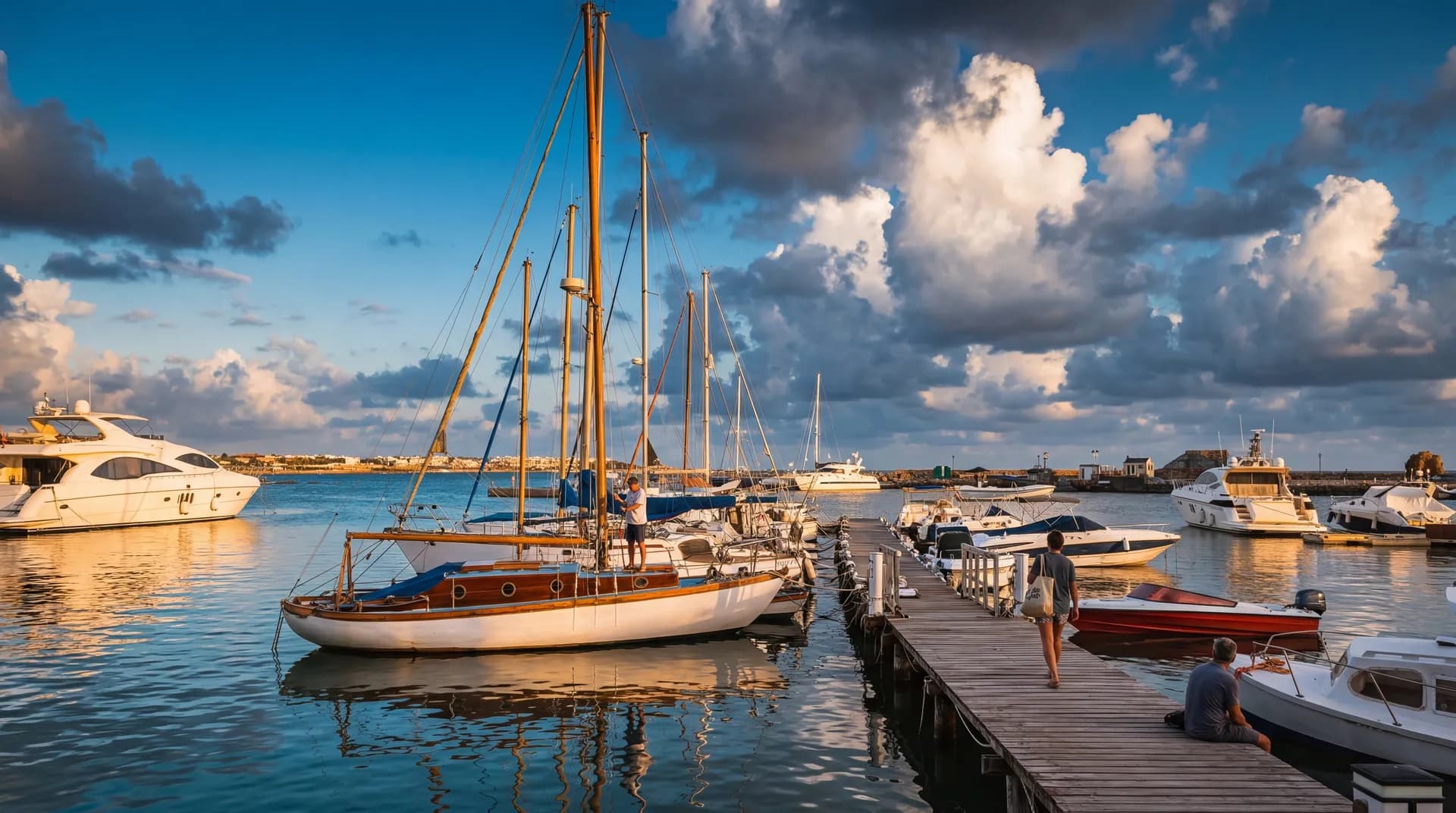 Historic harbour at sunset with boats and medieval fortress