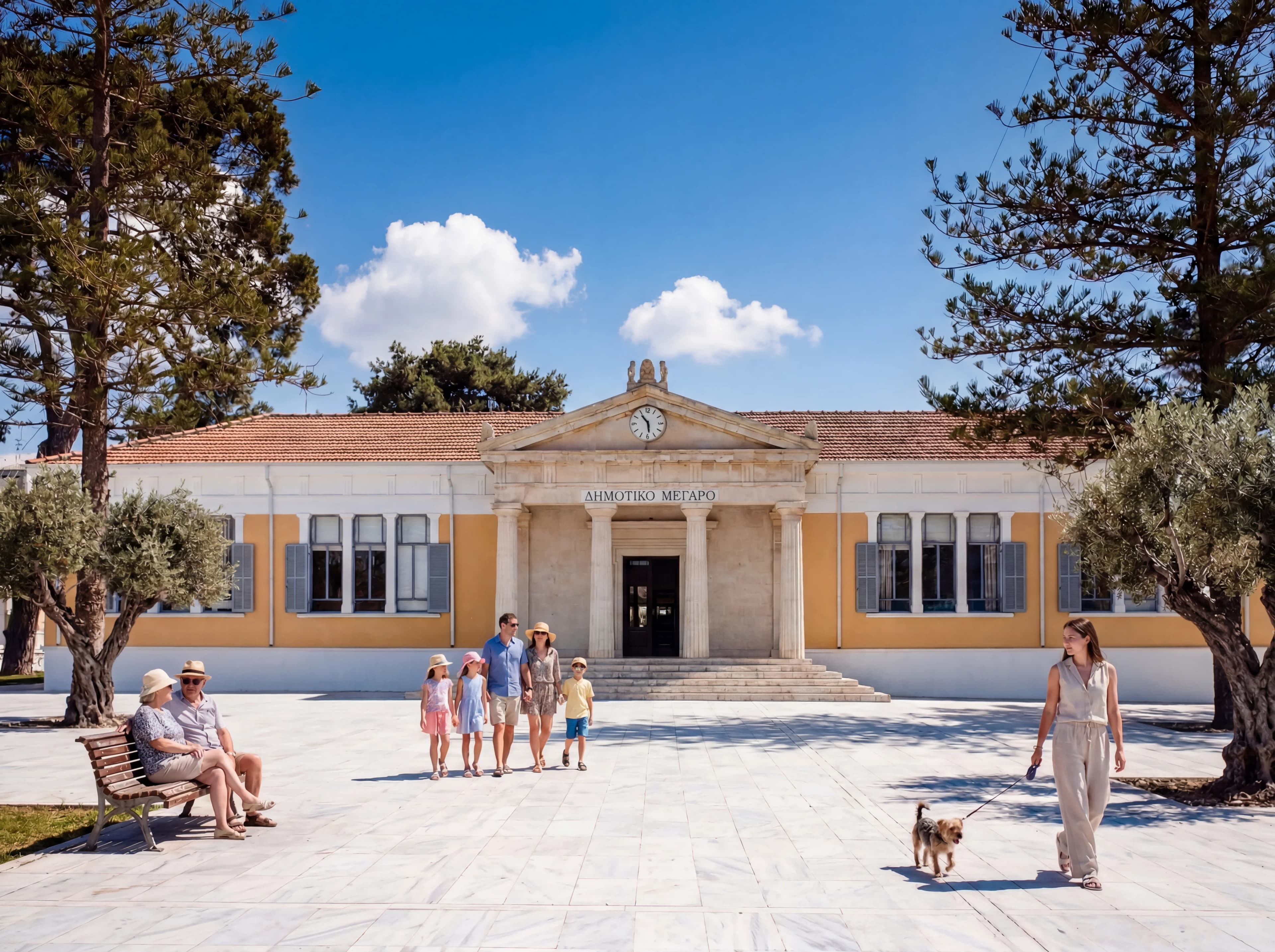Municipal Palace (Dimotiko Megaro) with people strolling in the square