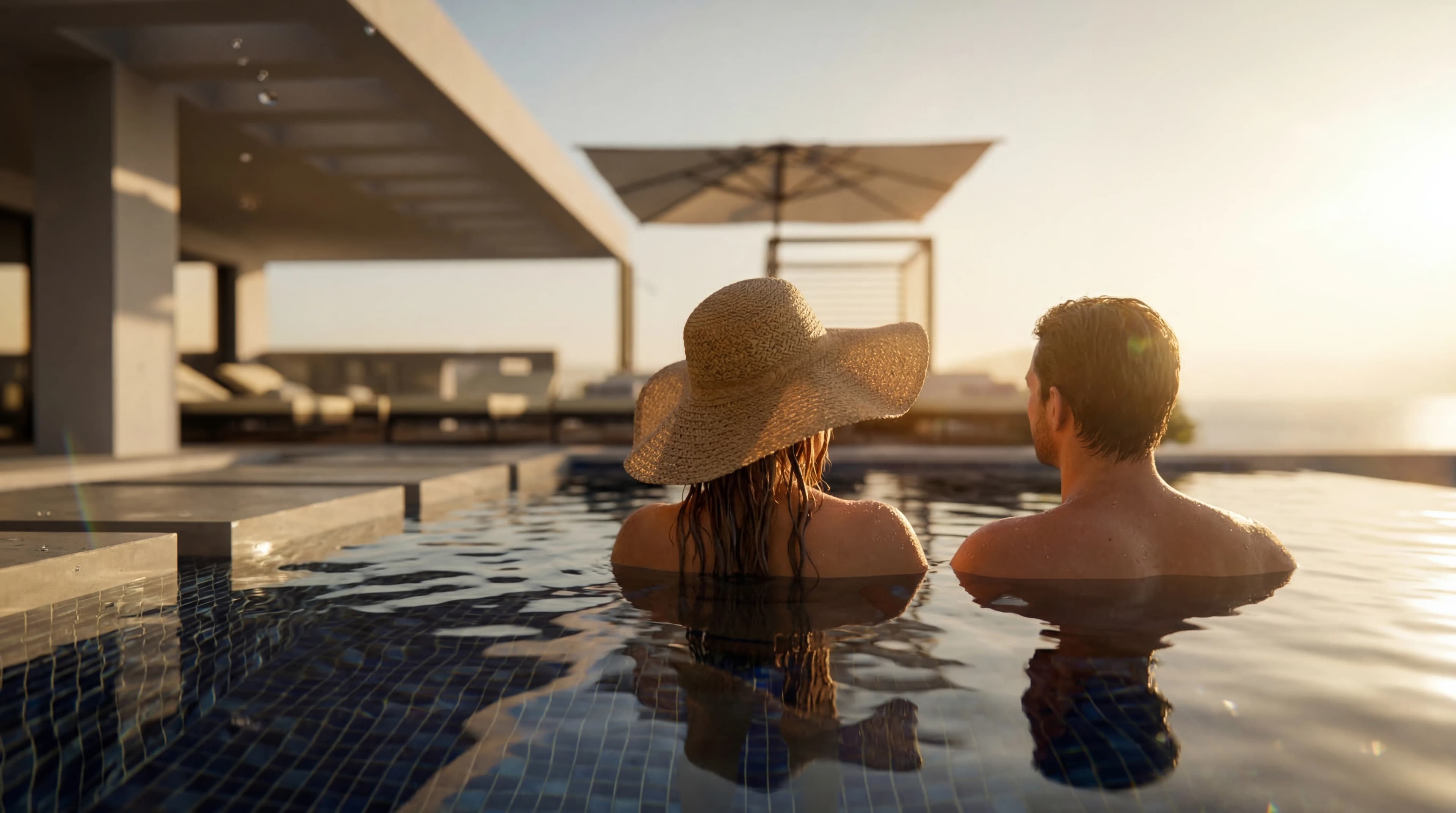 Couple enjoying the infinity pool at sunset at Poseidon Suites