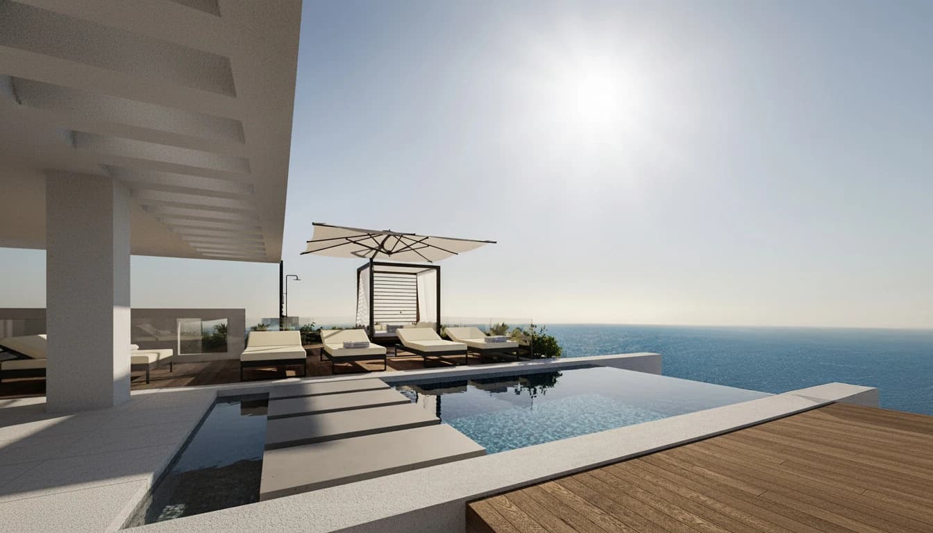 Rooftop infinity pool overlooking the Mediterranean at Poseidon Suites