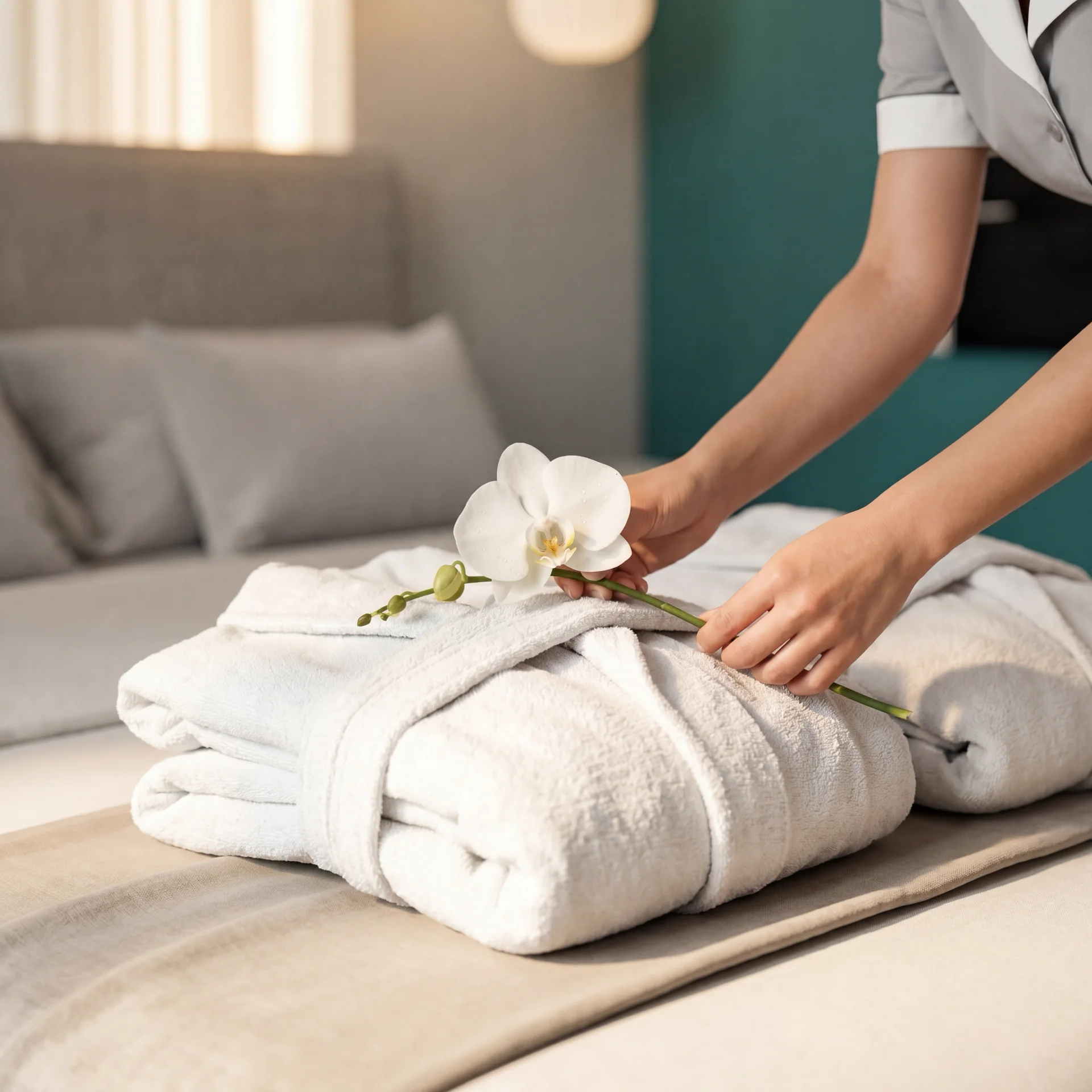 Housekeeper placing a fresh orchid on folded robes in a Poseidon Suites bedroom