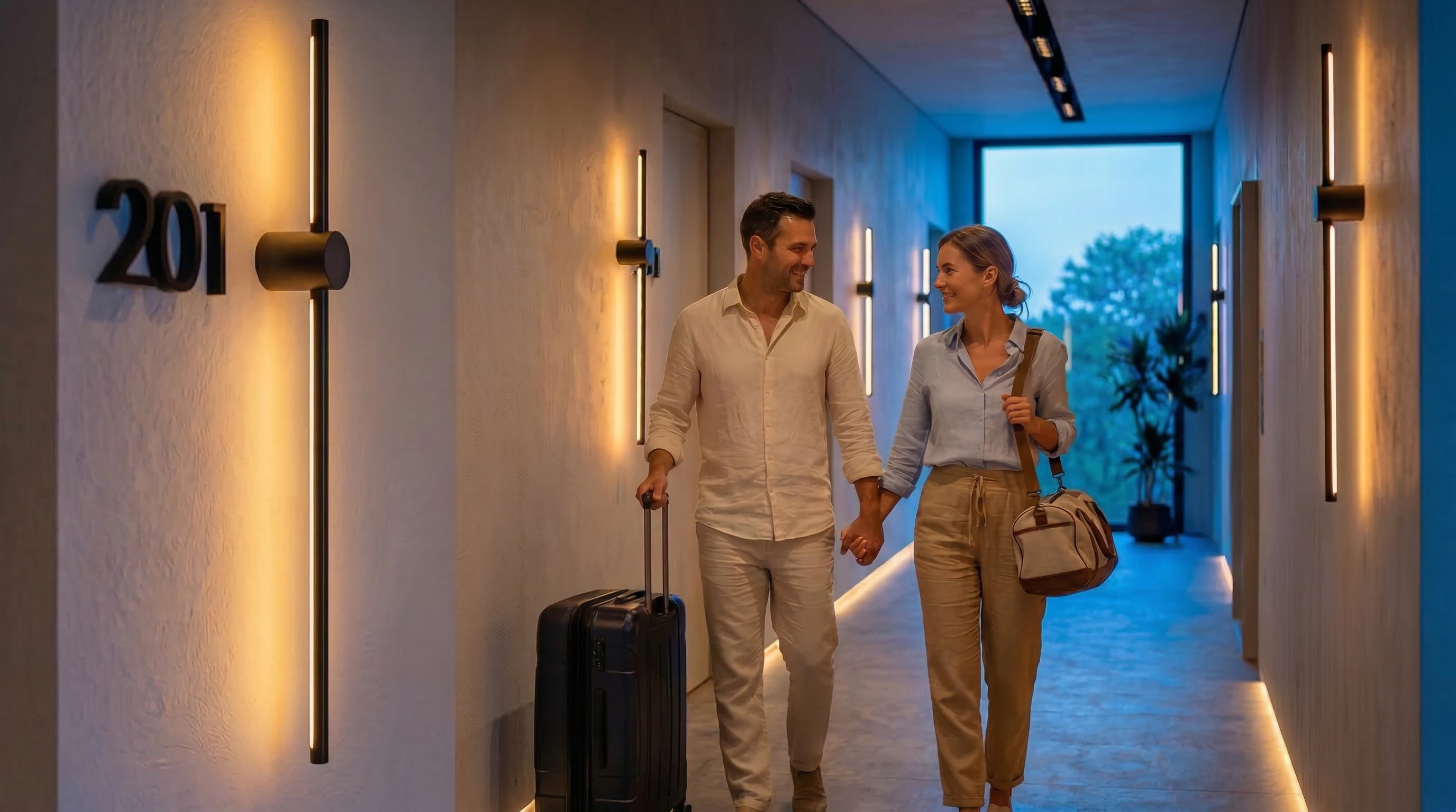 Couple arriving at Poseidon Suites corridor